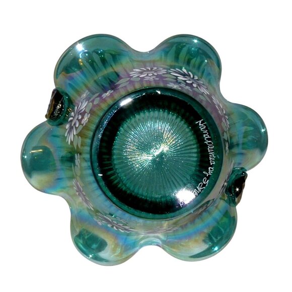 Fenton Handcrafted Iridescent Teal Glass Basket Hand-Painted Floral Twisted Hand - Picture 6 of 7